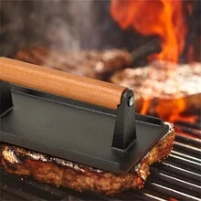 1pc Cast Iron Grill Press, Heavy-Duty Wooden Handle Bacon & Burger Press, Rectangular Hamburger & Sausage Maker, Steak Weights, Sandwich Grill, Non-Stick Pan - Black - View 2