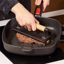 1pc Cast Iron Grill Press, Heavy-Duty Wooden Handle Bacon & Burger Press, Rectangular Hamburger & Sausage Maker, Steak Weights, Sandwich Grill, Non-Stick Pan - Black - View 3
