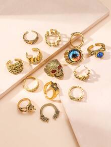 14pcs/Set Fashionable Gothic Style Personalized Geometry Skull With Inlaid Rhinestone And Cat's Eye Stone Men's Ring Set - Gold - View 2