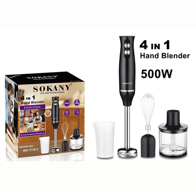 SOKANY 四合一手持搅拌器套装，包含多功能搅拌棒、打蛋器、切碎器和量杯，适用于食品加工和婴儿辅食搅拌。