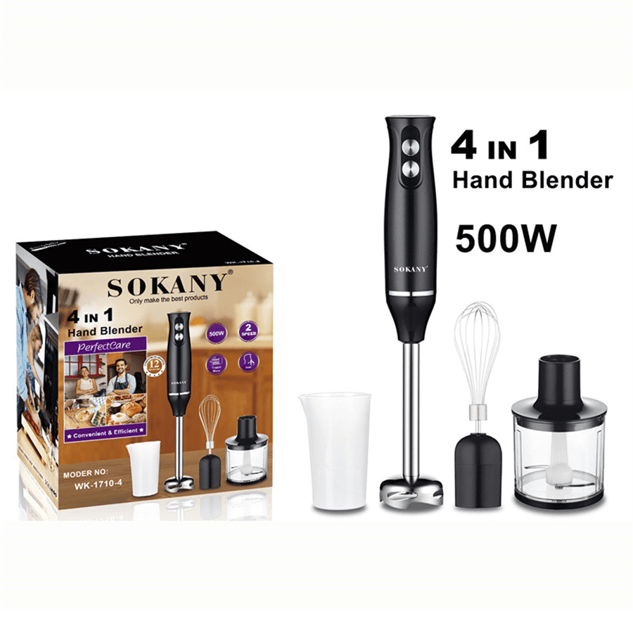 SOKANY 四合一手持搅拌器套装，包含多功能搅拌棒、打蛋器、切碎器和量杯，适用于食品加工和婴儿辅食搅拌。 - 黑色 - 查看 4