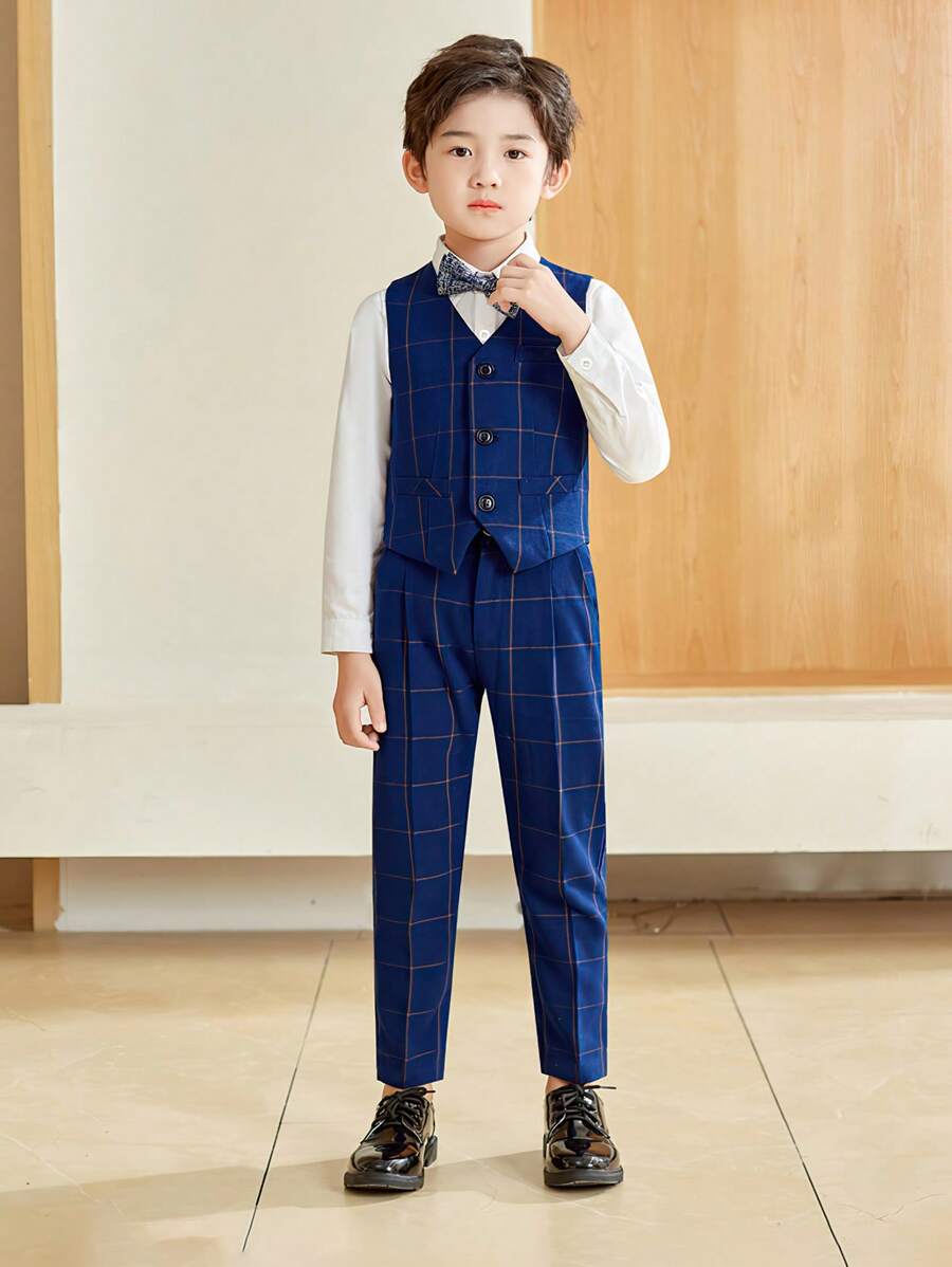 3pcs/Set Boys Autumn Winter Formal Suit, Plaid Pageboy Outfit - Navy Blue - View 1
