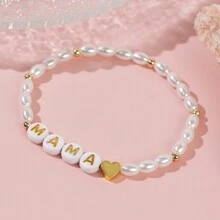 1 Stück 2024 Frühjahr/Sommer Neue Mode Luxus Kunstperle Eisen Gallestein Pfirsich Herz MAMA Brief Perlen Armband, Damen und Mädchen Schmuck Geschenk, Muttertag Geschenk Für Die Liebe Mum - Verschiedenfarbig - Übersicht 2