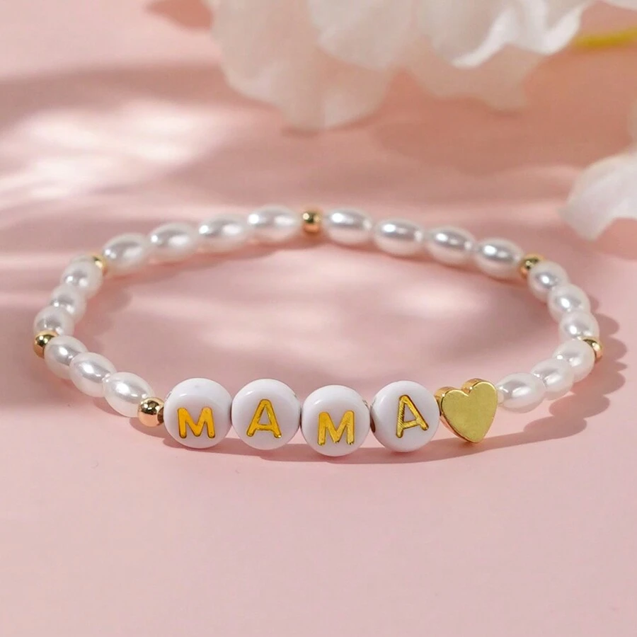 1 Stück 2024 Frühjahr/Sommer Neue Mode Luxus Kunstperle Eisen Gallestein Pfirsich Herz MAMA Brief Perlen Armband, Damen und Mädchen Schmuck Geschenk, Muttertag Geschenk Für Die Liebe Mum - Verschiedenfarbig - Übersicht 1