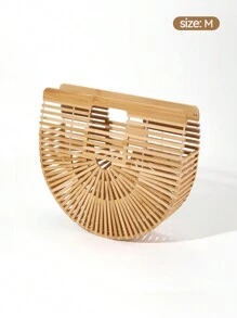 1pc Spring/Summer Handwoven Half Circle Bamboo Basket, Outdoors Ladies' Beach Tote, Large Capacity Hollowed Bamboo Carrier, Natural Weave Vegetable Basket, Various Sizes Suitable For Women's Holiday, Beach, Swimming And Other Occasions To Store Their Swimming Wear And Items - Beige - View 7