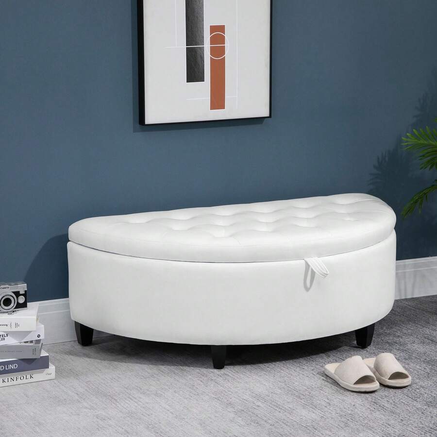 Half Moon Storage Ottoman, Upholstered Button Tufted Storage Bench With Lift Lid And Wood