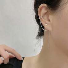 1入組極簡雙線耳環夾和長方形垂墜耳環,女士專用,可當耳環或耳環夾 - 白金 - 查看 12