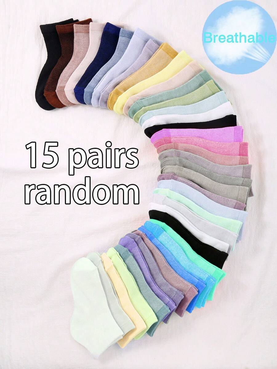 15 Pairs/Packs Of Random Color Children's Soft And Breathable Mesh Socks  Plain Simple Socks, Suitable For Sports And Leisure Daily Travel Socks - Multicolor - View 1