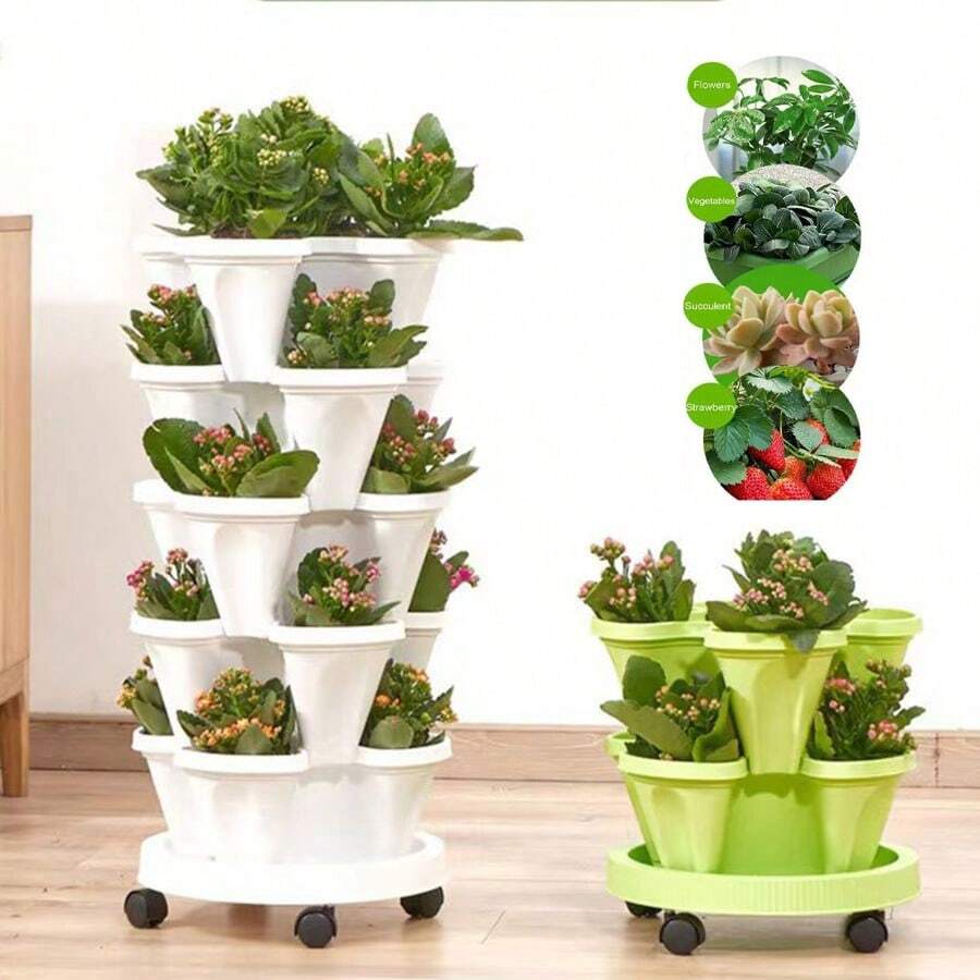 壹字型草莓垂直種植層疊花盆,適用於室內和室外草莓、花卉、香草、蔬菜,帶排水孔和托盤的現代室內裝飾塑料盆,適用於所有室內植物、多肉植物、花卉 - 粉色 - 查看 1