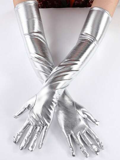 Street 1pair Women's Sexy Patent Leather Gloves, Cosplay Tight-Fitting Elbow-Length Gloves, Coated Wet Look, Suitable For Dance Performance, Opera Party, Satin Leather Halloweenwedding Summer