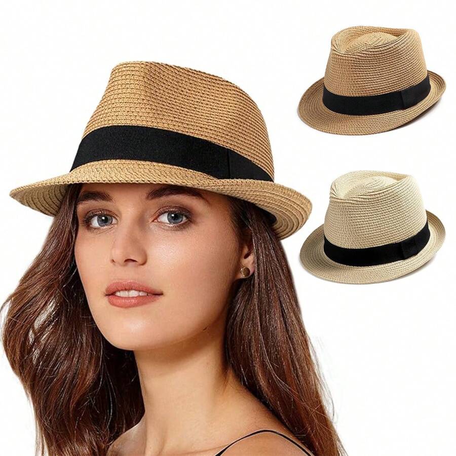 1頂女性編織草帽短邊巴拿馬帽,可摺疊捲曲海灘波西米亞風格帽子 - 彩色 - 查看 1