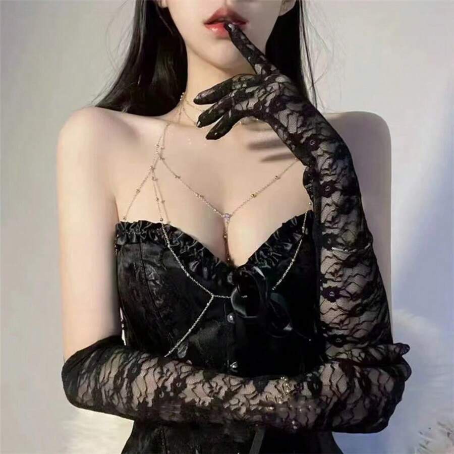 1 件黑色新娘蕾丝手套，长而薄的袖子，道具和配件白色袖子用于摄影道具，红色长蕾丝手套情人节情人节秋季配饰 - 彩色 - 查看 1