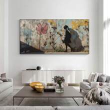 1個街頭塗鴉壁畫-塗鴉女孩與花卉,大尺寸畫布打印街頭塗鴉圖片適用於兒童房和臥室,不含框架 - 彩色 - 查看 2