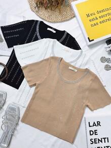 Blusa Cropped Feminina T-shirt Manga Curta Com Strass Brilho