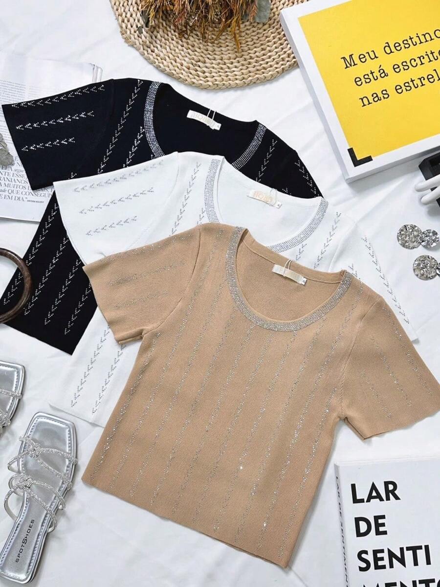Blusa Cropped Feminina T-shirt Manga Curta Com Strass Brilho