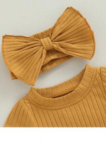 Baby Girl Clothing Short Sleeve Ribbed Romper Bodysuits With Headband Summer Outfits Set