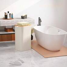 1个大容量带盖洗衣篮，100升高款洗衣收纳篮，可折叠带提手脏衣篮，防水可拆卸内袋，适用于卧室衣物（连衣裙、裤子、鞋子、牛仔裤、靴子、裙子）洗衣篮、浴室收纳篮、可折叠洗衣篮 - 米色 - 查看 5