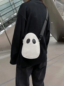 實色尼龍小型斜跨包，帶有可愛印花肩帶和隱藏口袋，街頭時尚，17*21*7cm可存放手機和日常必需品的手機袋 - 白色 - 查看 6