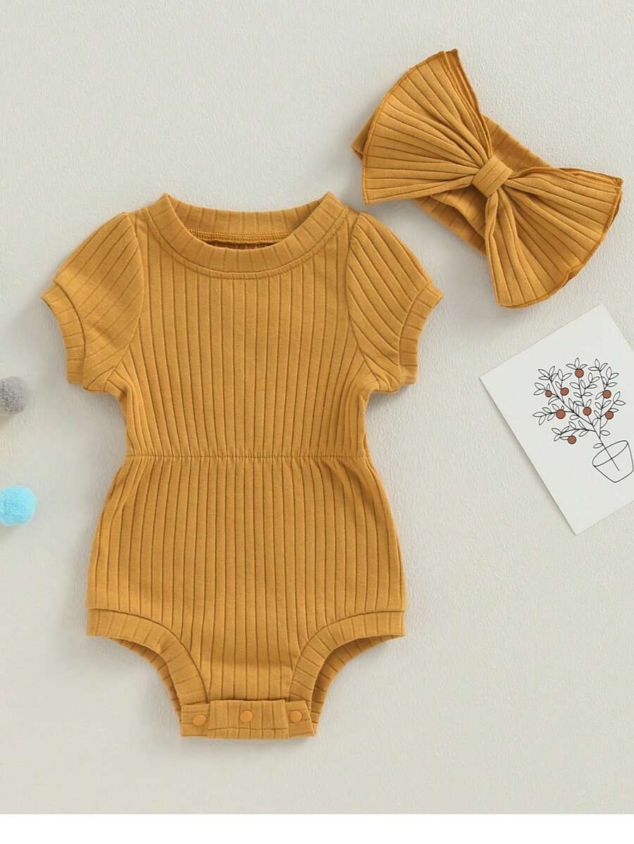 Baby Girl Clothing Short Sleeve Ribbed Romper Bodysuits With Headband Summer Outfits Set