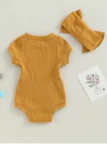 Baby Girl Clothing Short Sleeve Ribbed Romper Bodysuits With Headband Summer Outfits Set