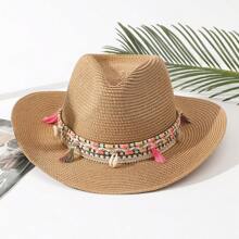 Boho Shell & Tassel Decor Straw Cowboy Hat - Camel - View 9