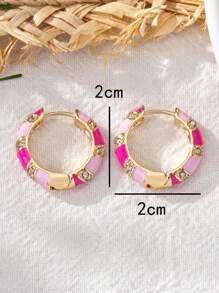 1pc Fashionable Simple Style All-Matched Lucky Egg Inspired Striped Handmade Oil Drop & Rhinestone Decor Hook Earrings - Pink - View 4
