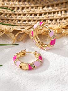 1pc Fashionable Simple Style All-Matched Lucky Egg Inspired Striped Handmade Oil Drop & Rhinestone Decor Hook Earrings - Pink - View 2