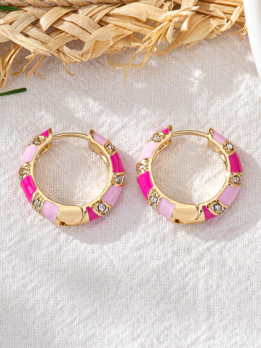 1pc Fashionable Simple Style All-Matched Lucky Egg Inspired Striped Handmade Oil Drop & Rhinestone Decor Hook Earrings - Pink - View 1