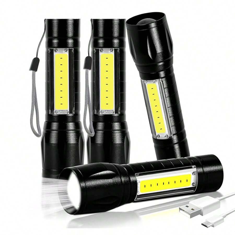 4pcs Lampara Tactica Recargable Led 2000lm Con Linterna Lateral Zoom De Bolsillo