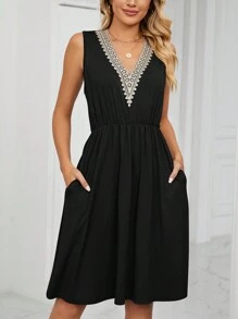 Women Summer Midi Dresses Slim Sleeveless V Neck Boho Lace A-Line Flare Wrap Casual Work Party Beach Sun Swing Dresses - 黑色 - 查看 1