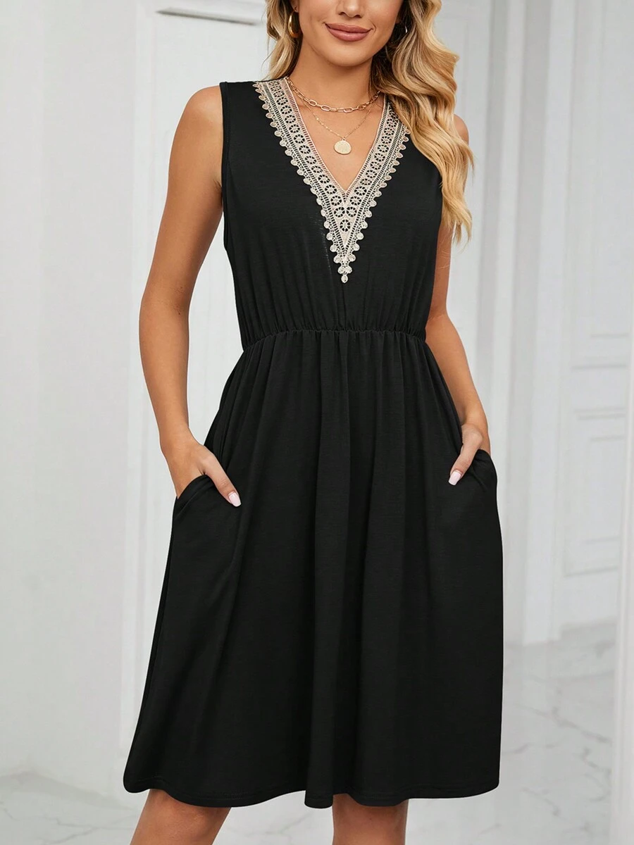 Women Summer Midi Dresses Slim Sleeveless V Neck Boho Lace A-Line Flare Wrap Casual Work Party Beach Sun Swing Dresses - 黑色 - 查看 1