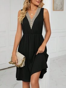 Women Summer Midi Dresses Slim Sleeveless V Neck Boho Lace A-Line Flare Wrap Casual Work Party Beach Sun Swing Dresses - 黑色 - 查看 4