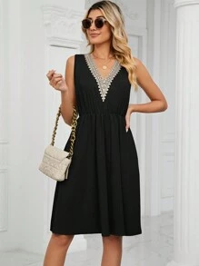Women Summer Midi Dresses Slim Sleeveless V Neck Boho Lace A-Line Flare Wrap Casual Work Party Beach Sun Swing Dresses - 黑色 - 查看 3