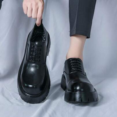Men's Plain Oxfords With Thick High Sole, Lace-Up Dress Shoes