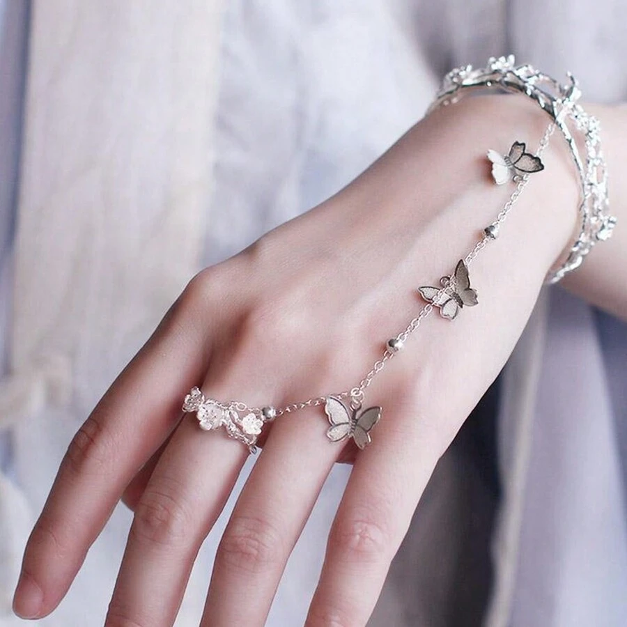 1入組蝴蝶形戒指＆手鍊組,時尚魅力女士及女孩珠寶配飾 - 銀色 - 查看 1