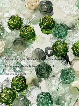 70克袋裝祖母綠金邊綠色玫瑰混合物，蝴蝶結，仿珍珠DIY手鍊，手機殼，項鍊，珠寶，家製朋友禮物，圓孔多功能珠寶和裝飾道具可用作框飾