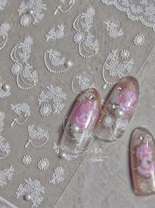 1片蕾丝花朵美甲贴纸，迷人美甲设计贴纸，带自粘珍珠装饰，DIY美甲贴纸 - 白色 - 查看 6