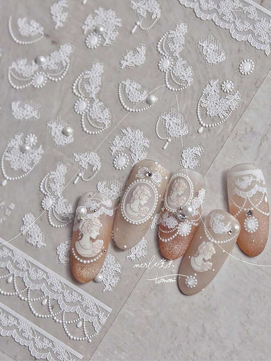 1片蕾丝花朵美甲贴纸，迷人美甲设计贴纸，带自粘珍珠装饰，DIY美甲贴纸 - 白色 - 查看 1