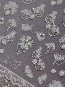 1片蕾丝花朵美甲贴纸，迷人美甲设计贴纸，带自粘珍珠装饰，DIY美甲贴纸 - 白色 - 查看 4