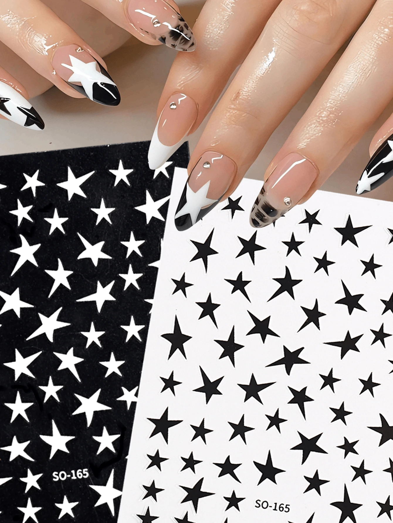 2pcs White Black Stars Nails Stickers 3D Asymmetric Pentagram Nail Decals Manicure Ornaments - Multicolor - View 1