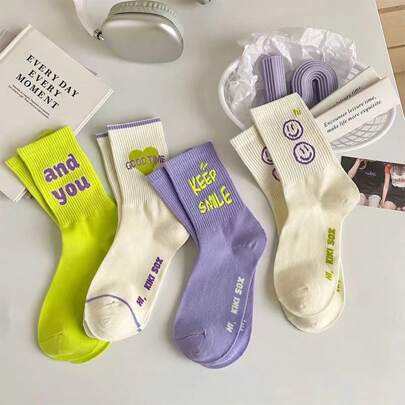 4 Pairs Girl's Spring & Autumn Thin Pink Letter & Strawberry Pattern Mid-Calf Socks, Assorted Colors