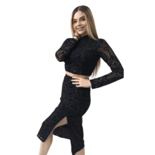 Falda y crop top manga larga conjunto de moda para dama falda midi y blusa de manga larga de transparencias - Negro - Ver 5