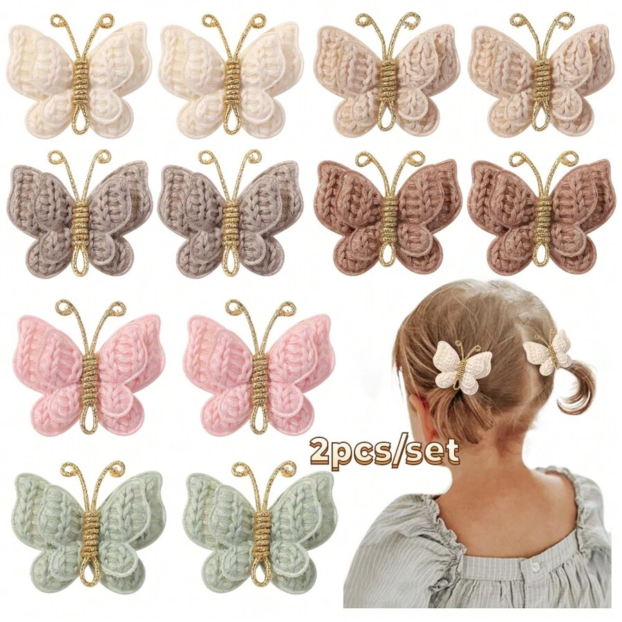 bilicaca 2/4 piezas Clips para el cabello de mariposa de hilo tejido a mano, accesorios para el cabello de unicolor suave y versátil para bebé