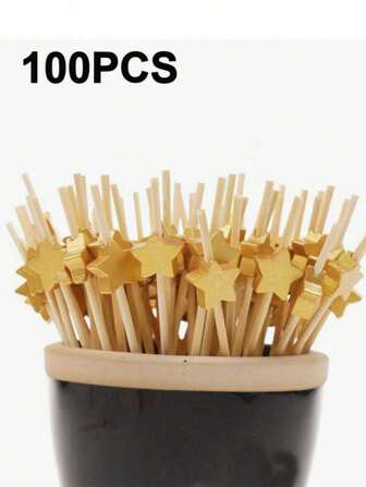 100pcs/Pack Disposable Bamboo Fruit Picks, Pentagram Toothpicks, Fruit Toothpicks, Creative Toothpicks, Decoration Picks, For Home, Bar, KTV Use