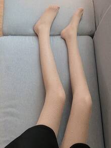 [6 Pairs/Set - Skin Color] European Style Sexy Rhinestone Fishnet Tights With Small Mesh & Diamond Net Stockings, Sheer & Thin Tights - Beige - View 3