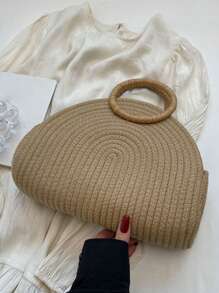 Tropiscape 草编半圆形手提包，环形提手编织篮，饰以雏菊图案，波西米亚风旅行斜挎包，女士纯色夏季手提包，户外野餐篮，完美礼品、收纳和客厅装饰，夏季必备女士包包，海滩必备女士包包，适合度假和假日，夏季海滩度假包，秋季圣诞节冬季圣诞礼物 - 卡其色 - 查看 10