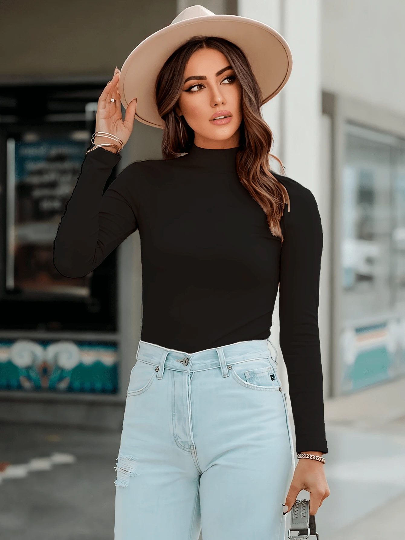 Blusa Cuello De Tortuga Mujer Ajustado De Moda - Negro - Ver 1
