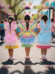 Disfraz Desfile Primavera Alas Con Diamantina Glitter + Tutú De Tul + Diadema Y Varita De Mariposa Colores Metálicos Tornasol 4 Pzas Grupo Carnavallia - Multicolores - Ver 8