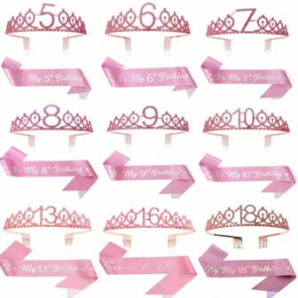 2pcs/Set 5 6 7 8 9 10 13 16 18 Women Gold Wear Crown Pink Years Old Headband Hair Comb Rhinestone Crystal Crown Tiara Happy Birthday Decoration Anniversary Decoration Happy Birthday Satin Sash Party Supplies Sash Rhinestone Crown Happy Birthday,Christmas