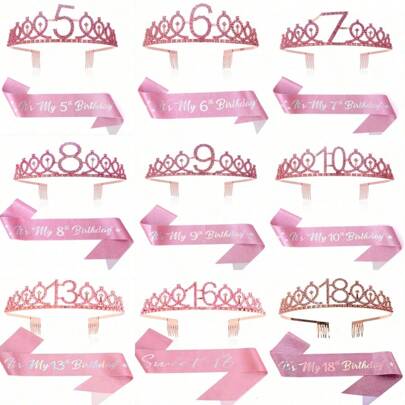 2pcs/Set 5 6 7 8 9 10 13 16 18 Women Gold Wear Crown Pink Years Old Headband Hair Comb Rhinestone Crystal Crown Tiara Happy Birthday Decoration Anniversary Decoration Happy Birthday Satin Sash Party Supplies Sash Rhinestone Crown Happy Birthday,Christmas